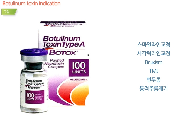 Botulinum toxin indication / 스마일라인교정,사각턱라인교정,Bruxism,TMJ,편두통,동적주름제거